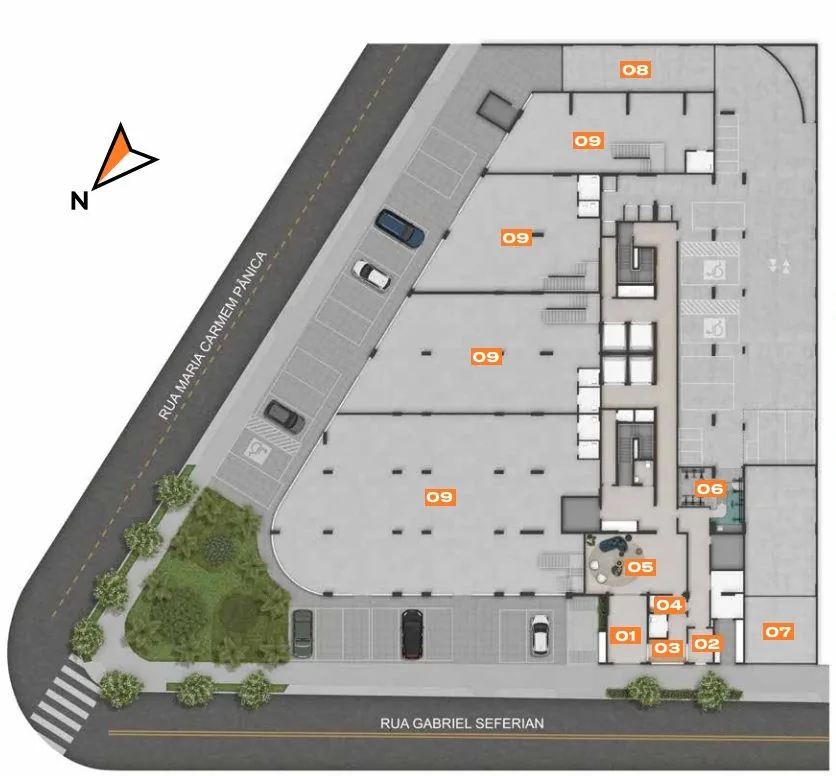 Implantação do térreo do Live Altino, na esquina da Rua Gabriel Seferian com a Rua Maria Carmem Pânica: a portaria e o lobby junto da Gabriel Seferian, as vagas e a loja, com os itens numerados.