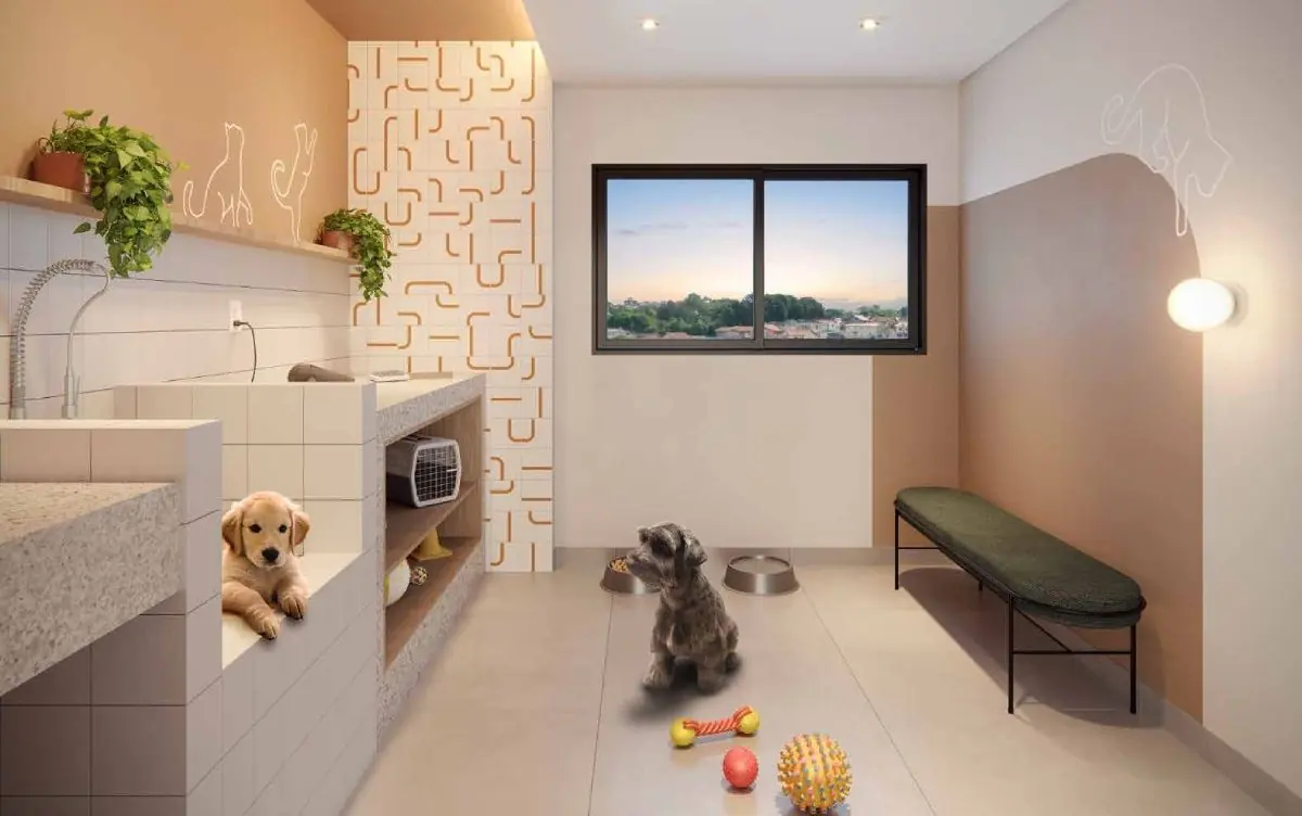 O banho pet com a banheira elevada, um cachorro no piso e outro na bancada.