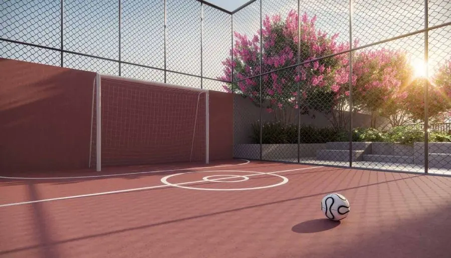 A quadra de chute a gol cercada por alambrado, com uma bola no piso e árvores floridas atrás.
