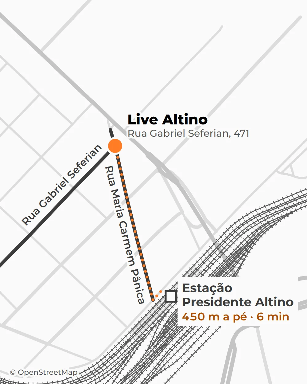 Mapa de Presidente Altino com o Live Altino na esquina da Rua Gabriel Seferian com a Rua Maria Carmem Pânica e o caminho a pé, pela Maria Carmem Pânica, até a Estação Presidente Altino.