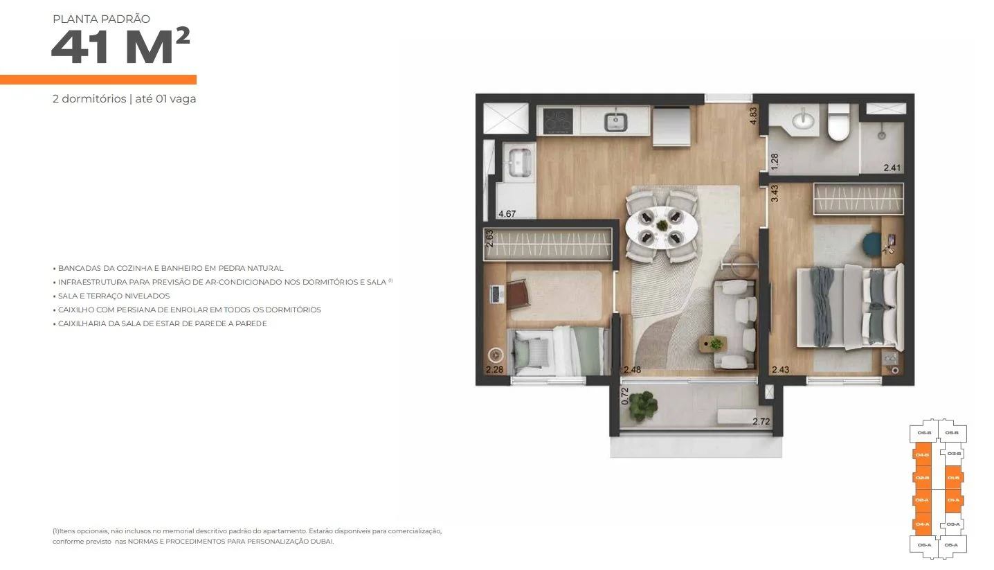 Planta padrão de 41 m²: 2 dormitórios, banheiro, cozinha, sala com mesa redonda e terraço.
