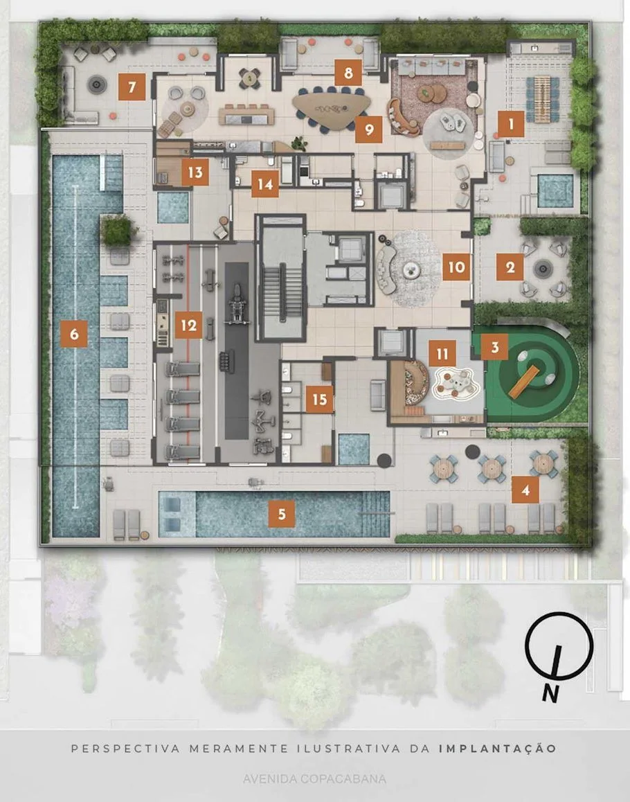 Implantação do átrio: a piscina coberta de raia longa à esquerda, o salão de festas e o fitness no centro, o playground e o VIP space à direita e a piscina descoberta embaixo, com os itens numerados.