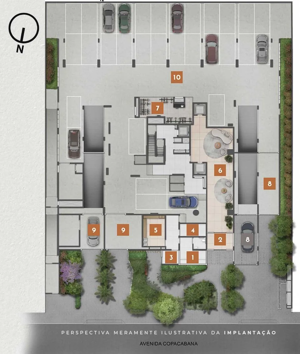 Implantação do térreo: a portaria e as clausuras junto à Avenida Copacabana, o hall social, o minimarket, o delivery e as vagas de garagem atrás.