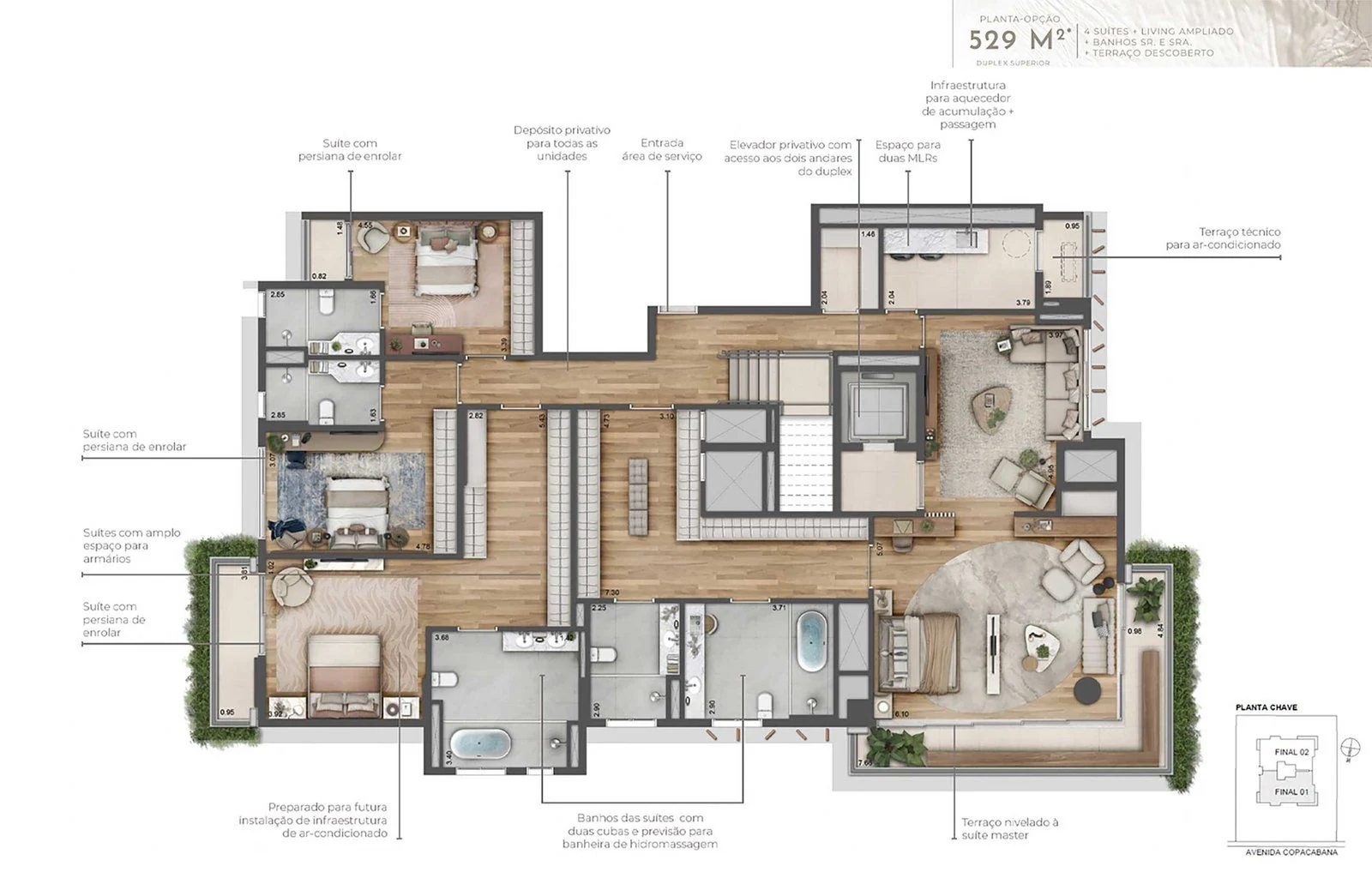 Duplex superior, andar das suítes: as quatro suítes, a master com dois banheiros, o elevador privativo e o terraço.