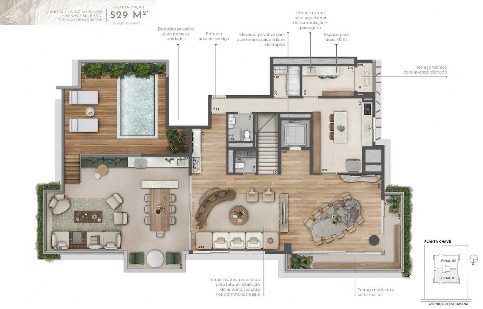 Duplex superior, andar do terraço: o terraço descoberto com a piscina, o living, a sala de jantar e a cozinha.