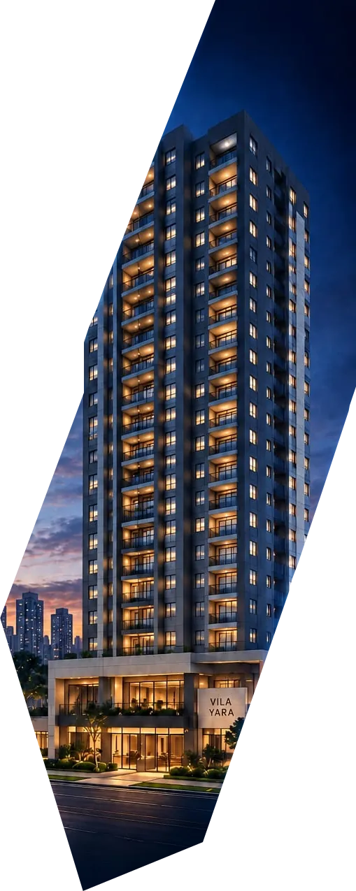 Perspectiva da torre do breve lançamento da Dubai na Vila Yara, alta e estreita, ao entardecer.