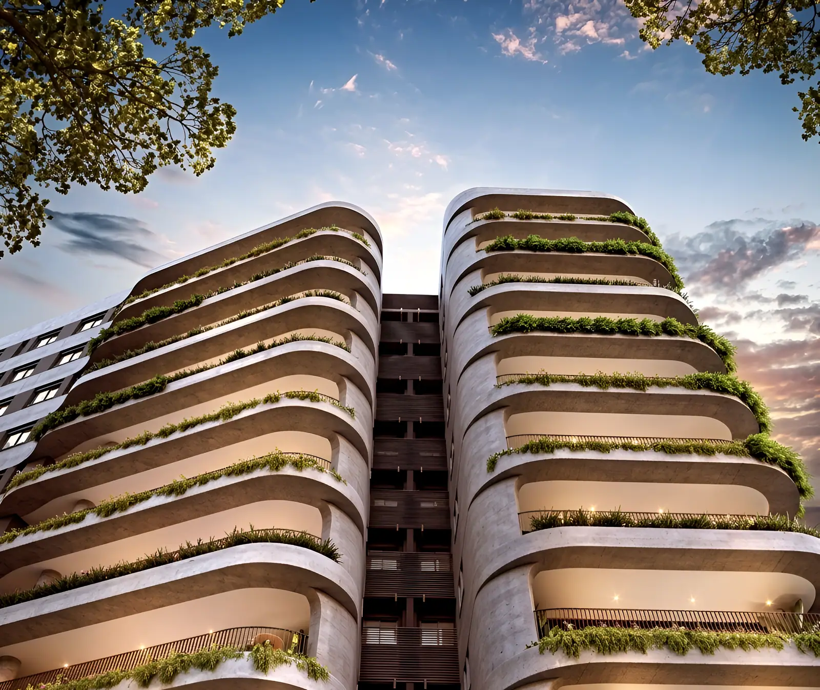 Fachada curva do Acervo Residences com vegetação nas varandas, ao entardecer.