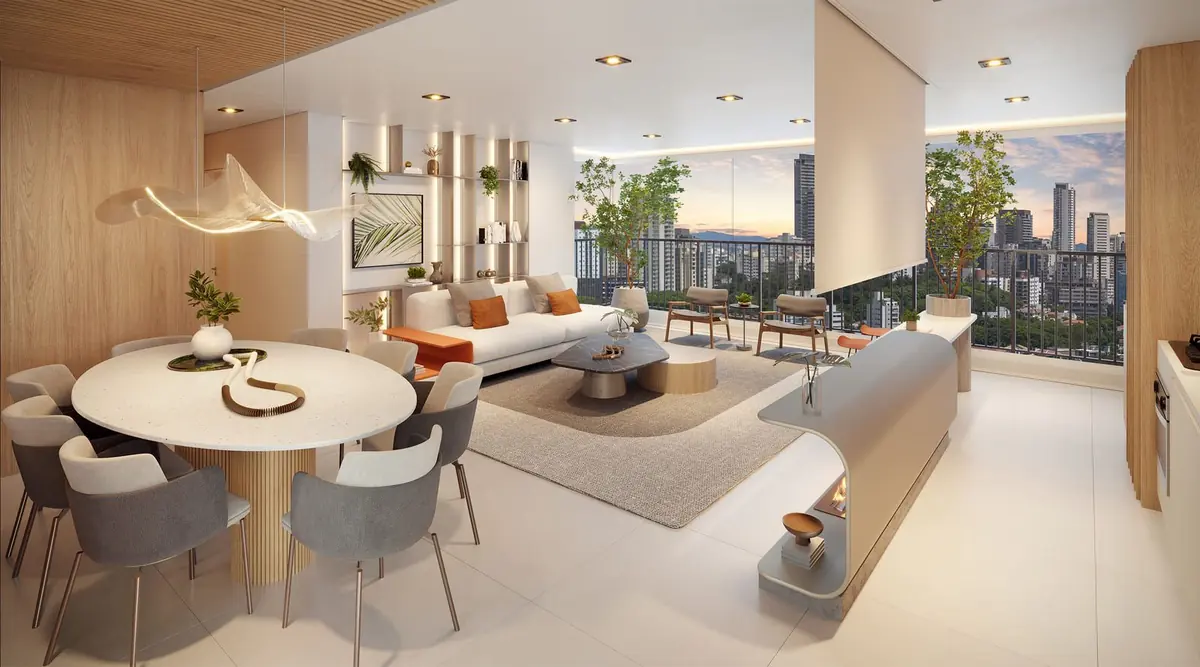 O decorado de 85 m²: a mesa redonda e a sala integradas, abertas para a varanda com vista para os prédios.