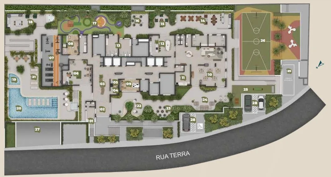 Implantação do térreo do Joy Barueri, na Rua Terra: a torre, as duas piscinas, a quadra e os espaços do lazer em volta, com os itens numerados.