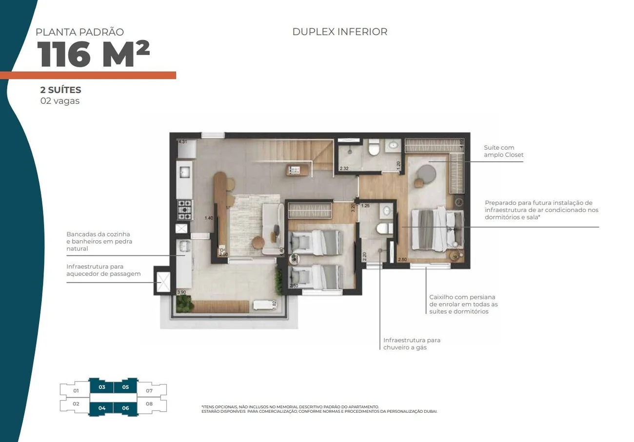Pavimento inferior do duplex de 116 m²: duas suítes, uma delas com closet, sala, cozinha, varanda e a escada.