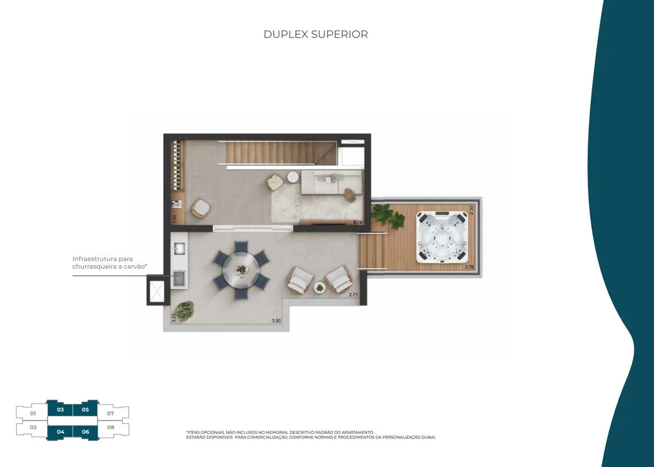 Pavimento superior do duplex de 116 m²: a sala no alto da escada e o terraço com mesa de jantar e um deck.