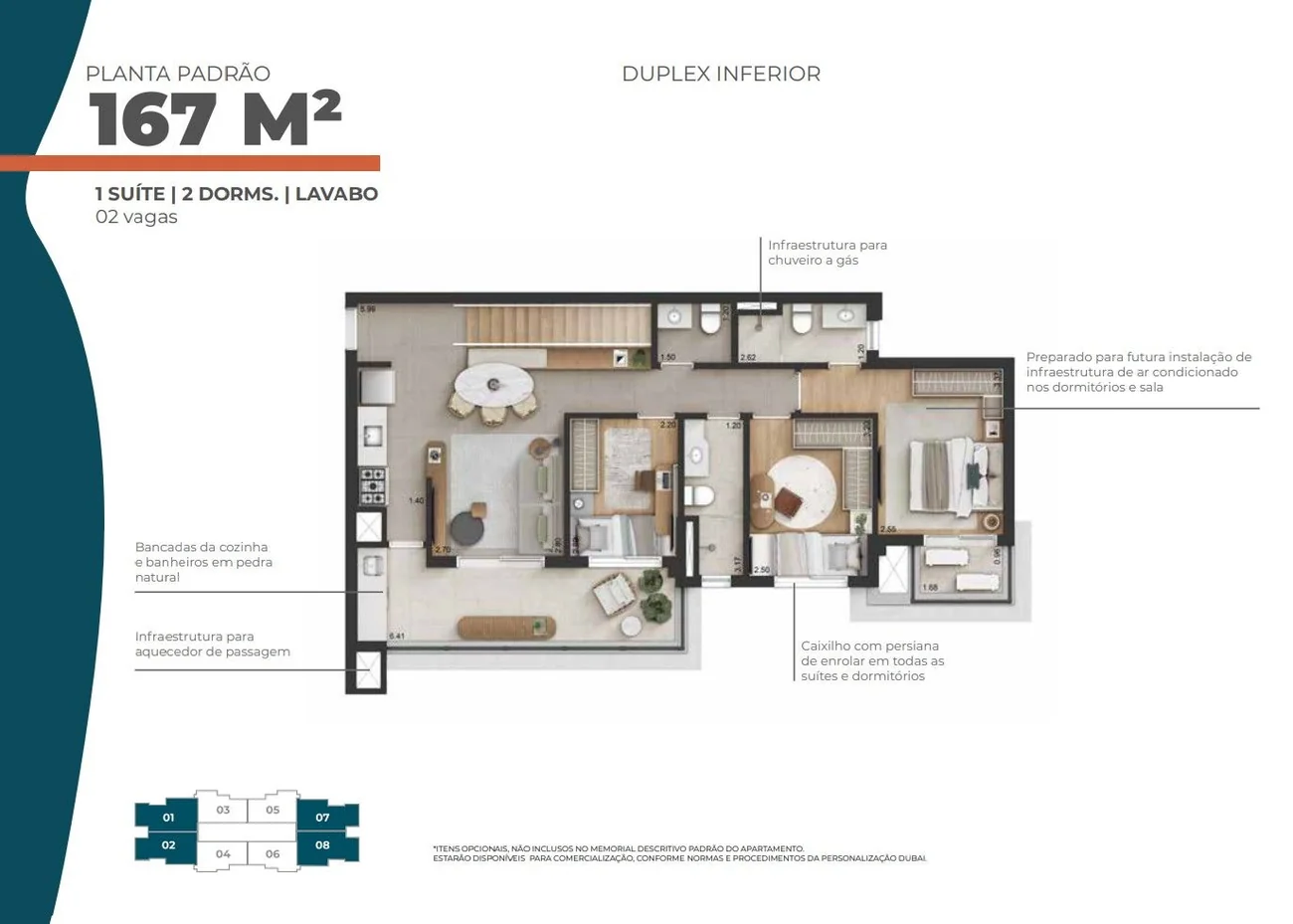 Pavimento inferior do duplex de 167 m²: uma suíte, dois dormitórios, lavabo, sala, cozinha, varanda e a escada.