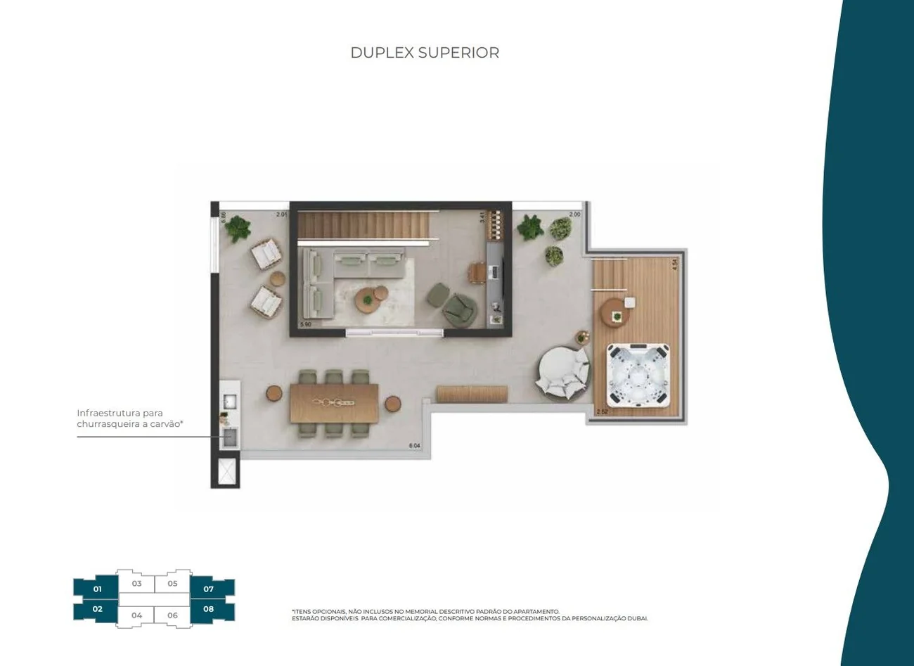 Pavimento superior do duplex de 167 m²: a sala no alto da escada e o terraço com mesa de jantar e um deck.