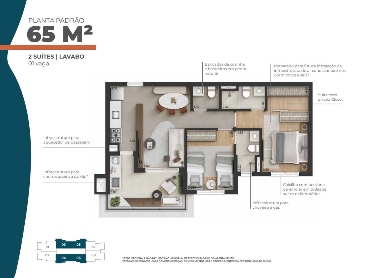 Planta de 65 m²: duas suítes, uma delas com closet, lavabo, sala, cozinha e varanda.