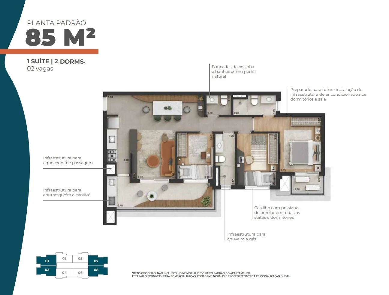 Planta padrão de 85 m²: uma suíte, dois dormitórios, sala, cozinha e varanda.