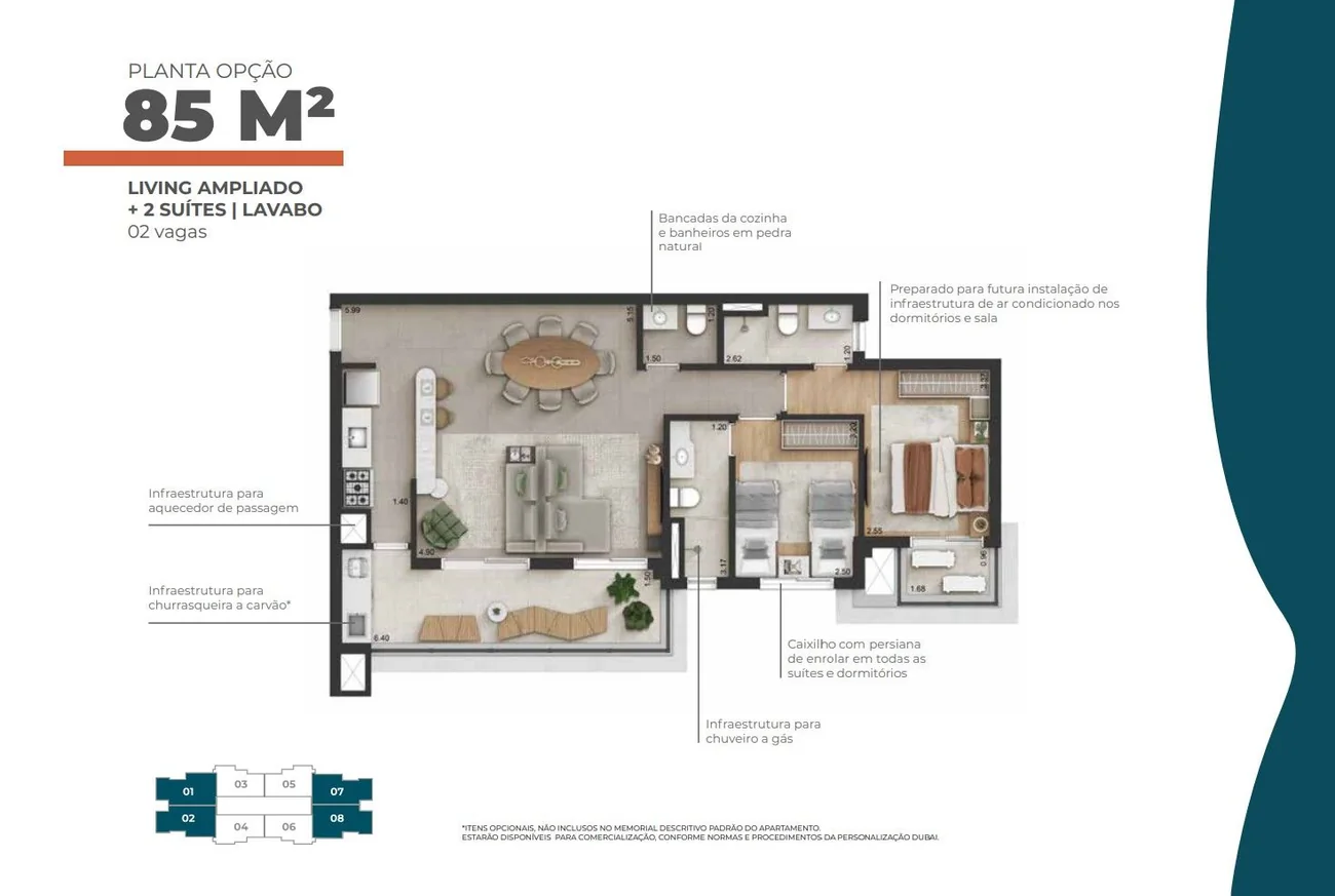 Planta opção de 85 m²: o living ampliado com a mesa de jantar, duas suítes, lavabo e varanda.