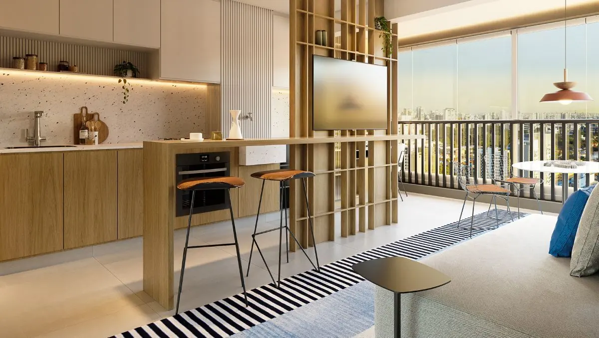 O decorado de 50 m²: a sala com a cozinha aberta e a varanda envidraçada.