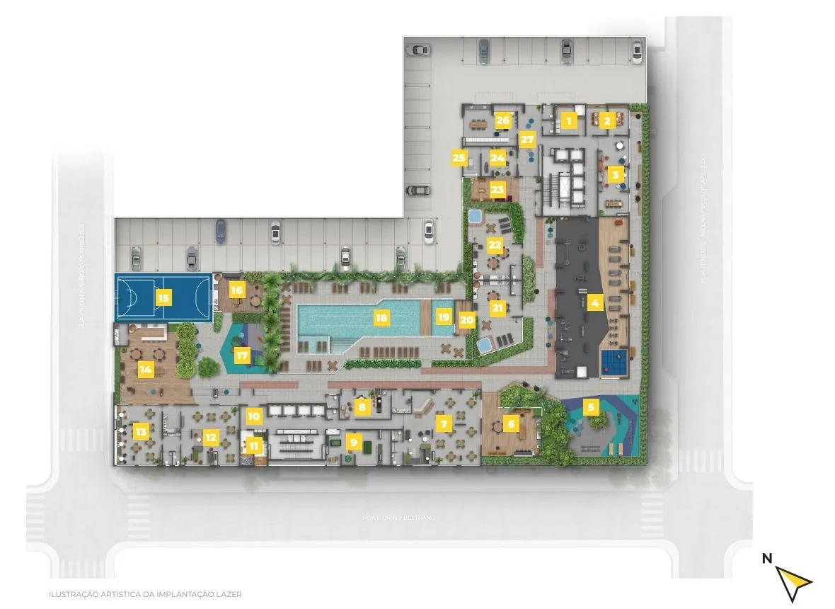 Implantação do lazer do MOB Apartments: a piscina no centro, a quadra, o playground e os salões em volta, com os itens numerados.