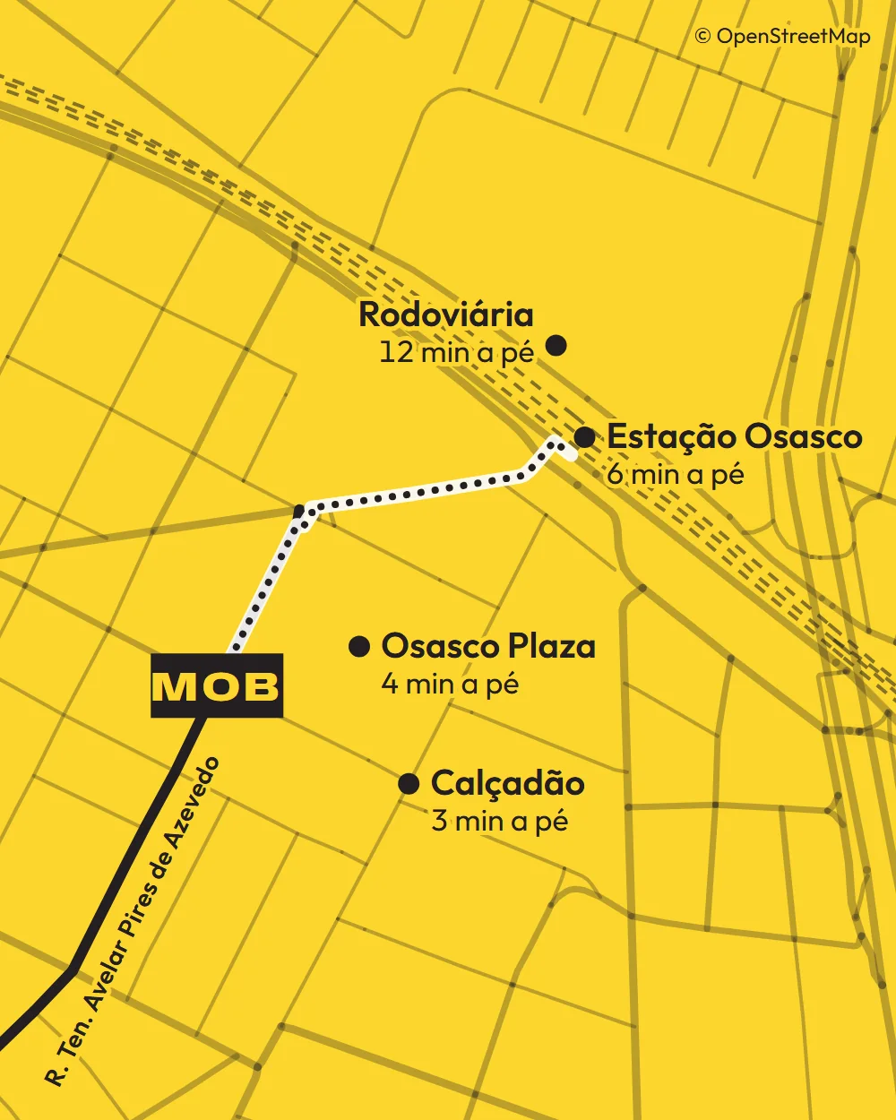 Mapa do Centro de Osasco com o MOB na Rua Tenente Avelar Pires de Azevedo, o caminho a pé até a Estação Osasco e os pontos do Shopping Osasco Plaza, do Calçadão e da Rodoviária.
