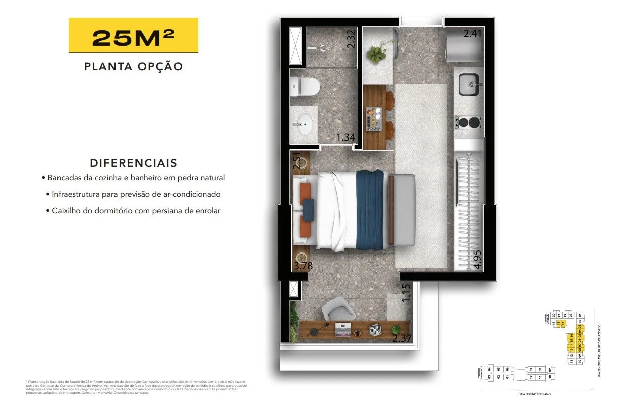 Planta opção do studio de 25 m², com a sala aberta para o terraço.
