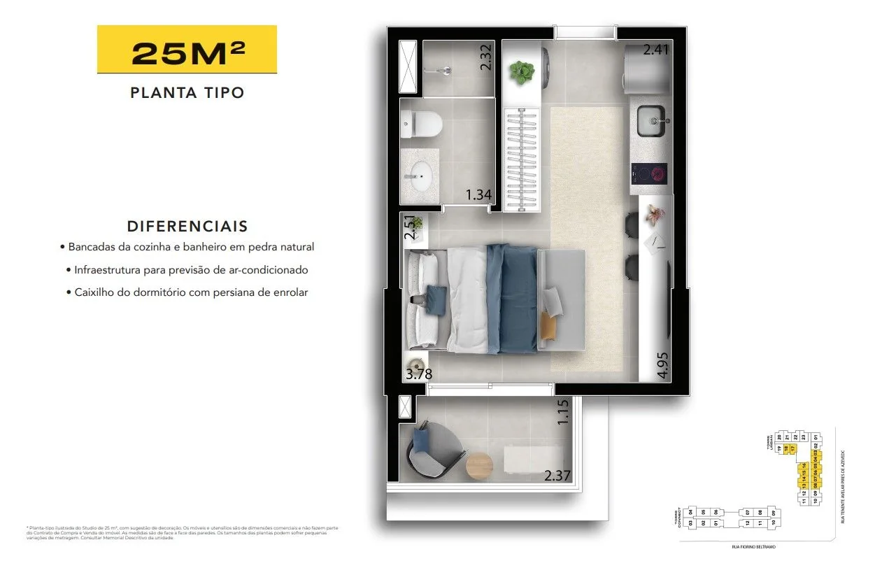 Planta do studio de 25 m²: cozinha, banheiro, área de dormir e terraço.
