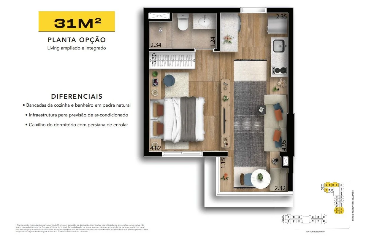 Planta opção de 31 m², com o living ampliado e integrado ao terraço.