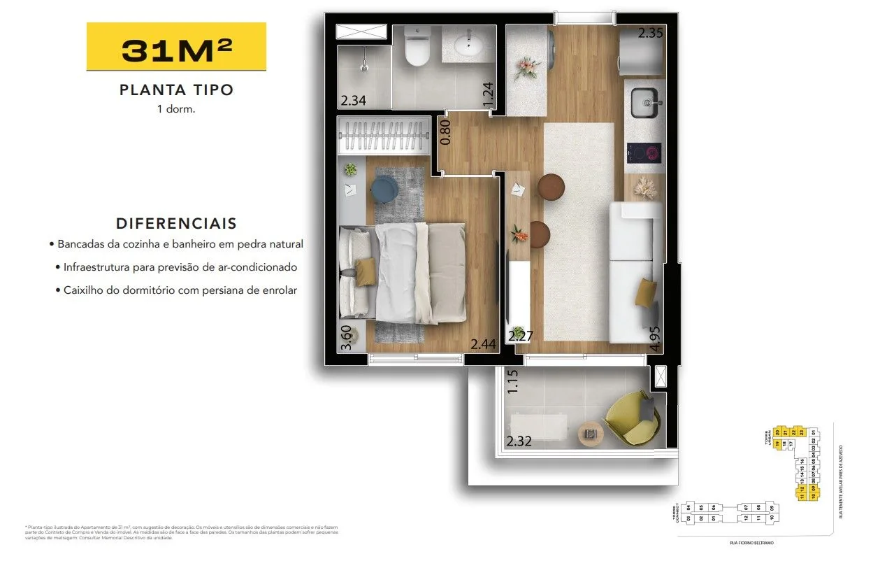 Planta de 31 m² com 1 dormitório, sala, cozinha, banheiro e terraço.