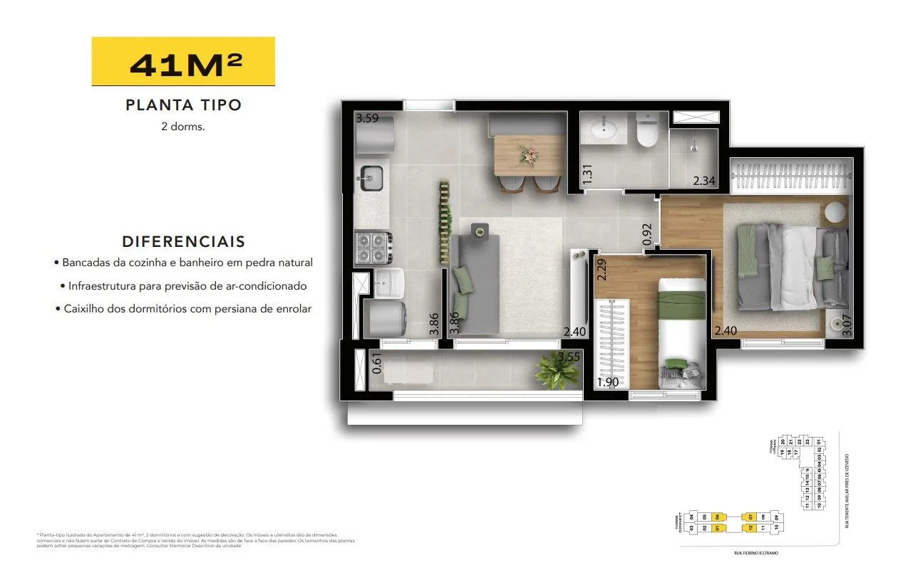 Planta de 41 m² com 2 dormitórios, sala, cozinha, banheiro e terraço.