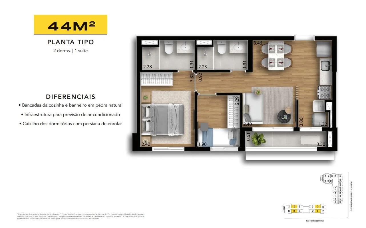 Planta de 44 m² com 2 dormitórios, sendo 1 suíte, sala, cozinha e terraço.