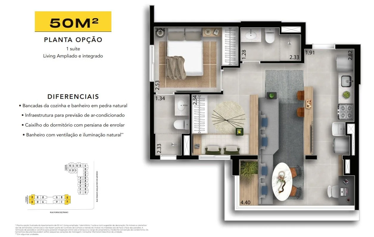 Planta opção de 50 m² com 1 suíte e o living ampliado e integrado.