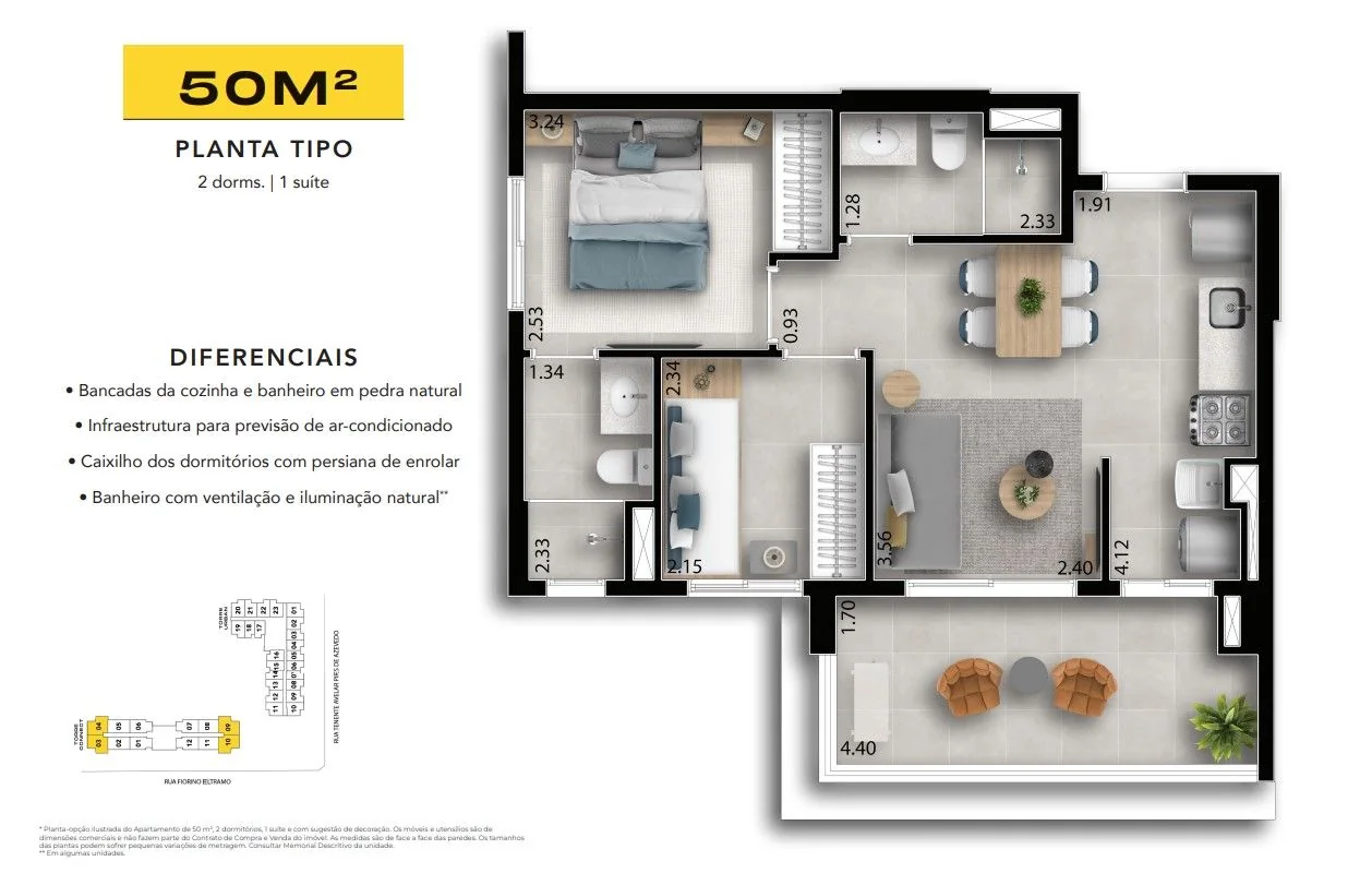 Planta de 50 m² com 2 dormitórios, sendo 1 suíte, sala, cozinha e terraço.
