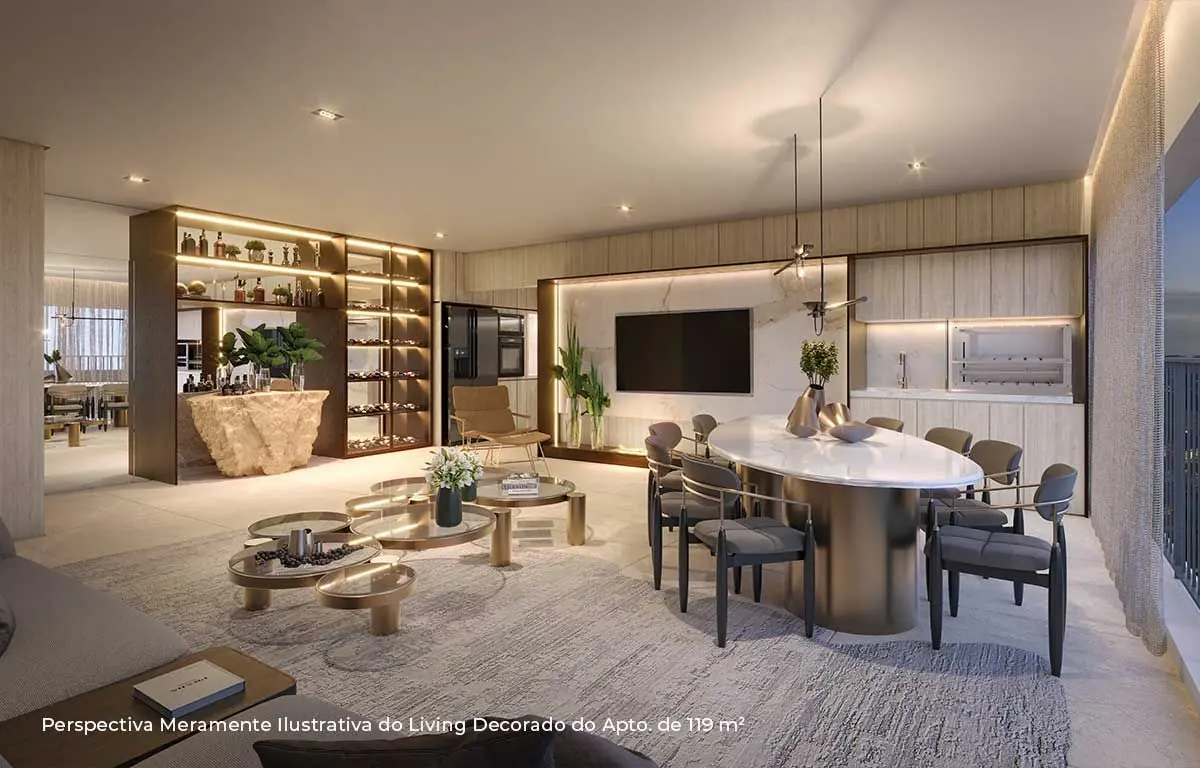 O living decorado do apartamento de 119 m², com a mesa de jantar e a estante de madeira.