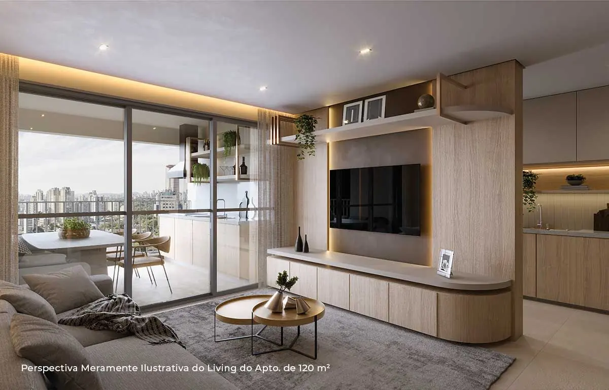 O living do apartamento de 120 m²: o painel de madeira com a TV, o sofá e a parede de vidro para o terraço.
