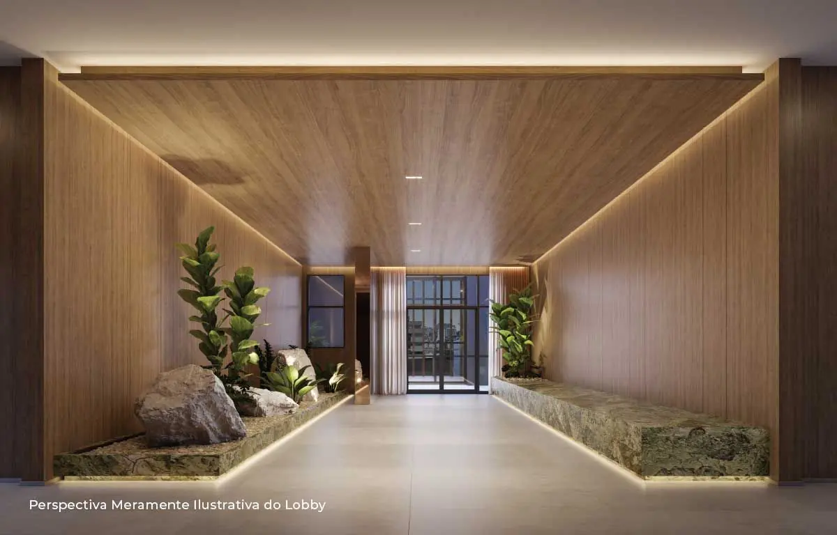 O lobby, um corredor de pé-direito alto revestido de madeira, com jardim dos dois lados.