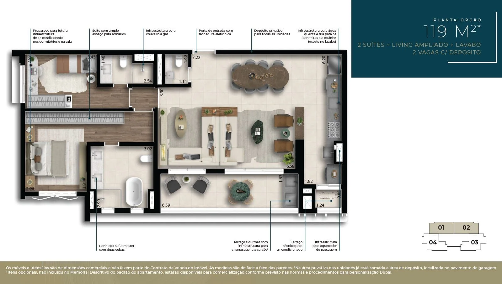 Planta opção de 119 m²: duas suítes, living ampliado, lavabo, cozinha integrada e terraço gourmet.