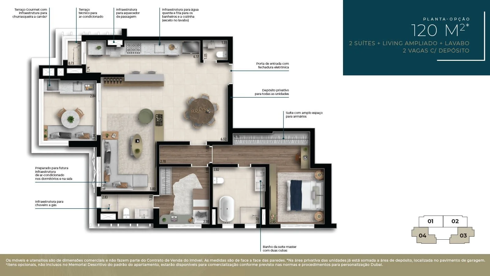 Planta opção de 120 m²: duas suítes, living ampliado, lavabo, cozinha integrada e terraço gourmet.