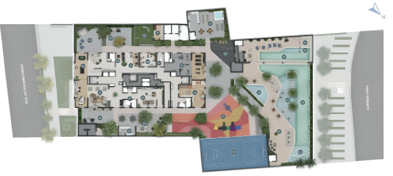 Implantação do lazer do Yara por Dubai: o prédio entre a Rua Victor Brecheret e a Avenida Yara, com as piscinas, a quadra e o playground, e os itens numerados.