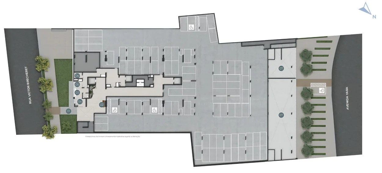Implantação do térreo: o acesso de pedestres, o lobby, a portaria, as clausuras, o delivery e a loja, com as vagas da garagem.