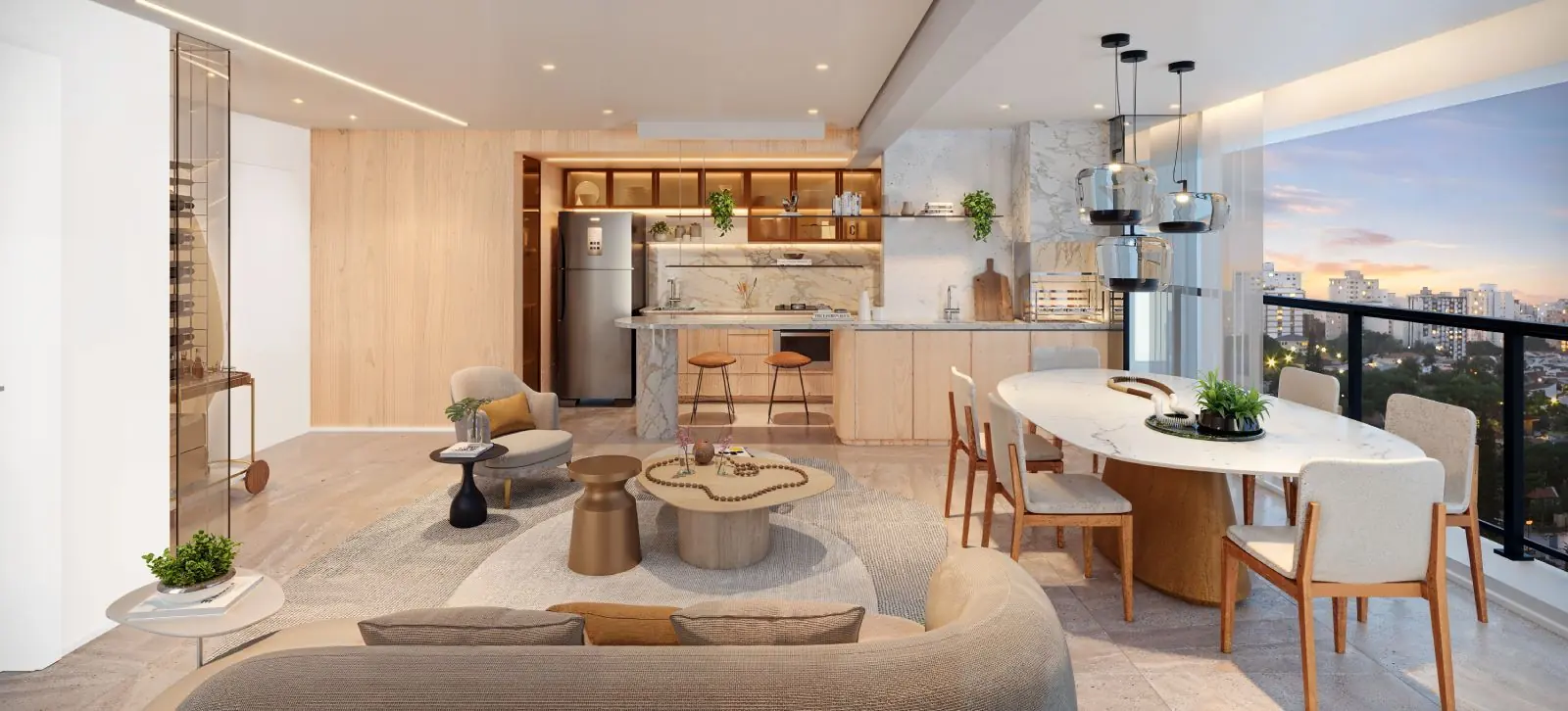 O living decorado: a sala com a cozinha aberta, a mesa oval e a varanda envidraçada.