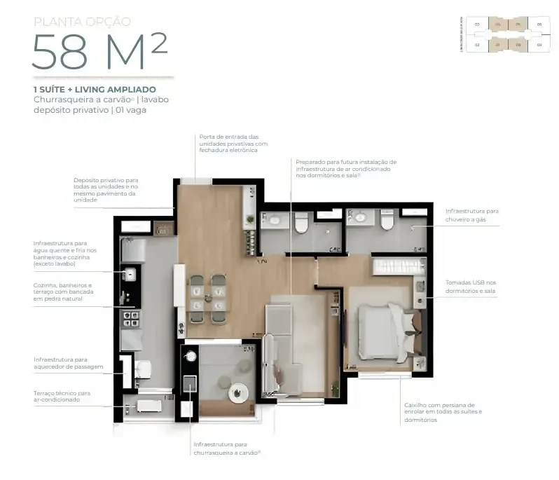 Planta opção de 58 m²: suíte, lavabo e o living ampliado no lugar do segundo dormitório, com terraço.