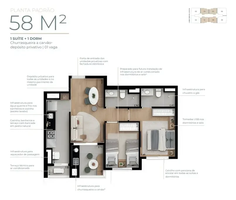 Planta padrão de 58 m²: suíte, dormitório, banheiro, sala integrada à cozinha e terraço com churrasqueira.