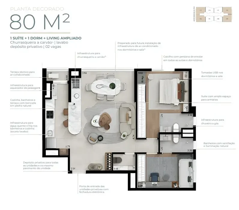 Planta decorado de 80 m²: suíte, dormitório, lavabo e o living ampliado com mesa de jantar e terraço.
