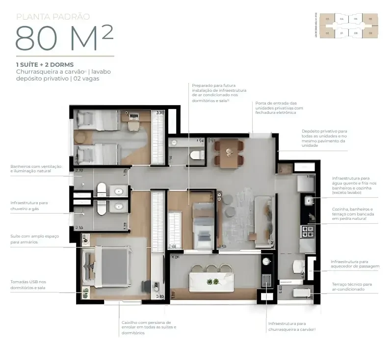Planta padrão de 80 m²: suíte, dois dormitórios, dois banheiros, lavabo, sala, cozinha e terraço com churrasqueira.